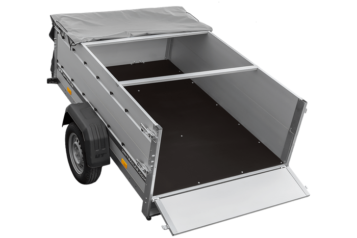Autotransportanhänger mit Aluminiumwänden 200x125 Unitrailer Garden 201 KIPP ALU mit BIS-Seitenwänden, H-0-Rahmen und grauer Plane