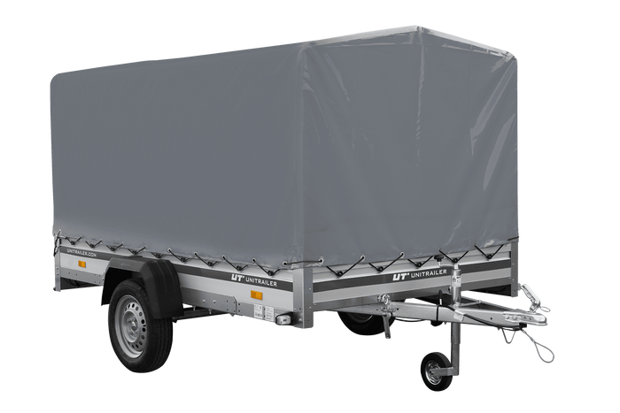 Autotransportanhänger mit Aluminiumseitenwänden 264x150 Unitrailer Garden 265 KIPP ALU mit H-1100 Rahmen und grauer Plane