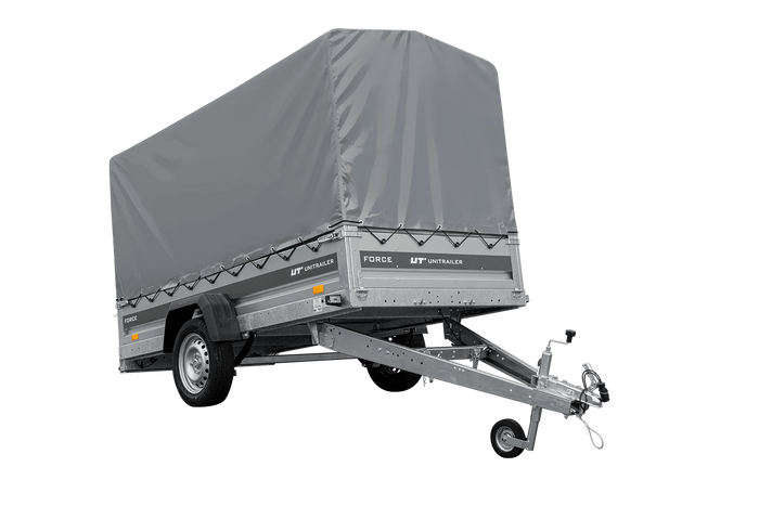 Einachsiger Anhänger mit Blattfedern 264x125 UNITRAILER FORCE 264/R KIPP mit H-1100 Rahmen und grauer Plane