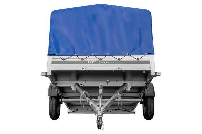 Einachsanhänger mit Aluminiumseitenwänden 264x150 Unitrailer Garden 265 KIPP ALU mit H-800 Rahmen und blauer Plane