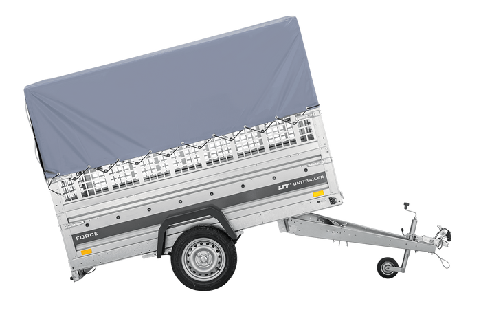Autotransportanhänger auf Federn 230x125 UNITRAILER FORCE 230/R KIPP mit Gitterwänden, H-800 Rahmen und grauer Plane