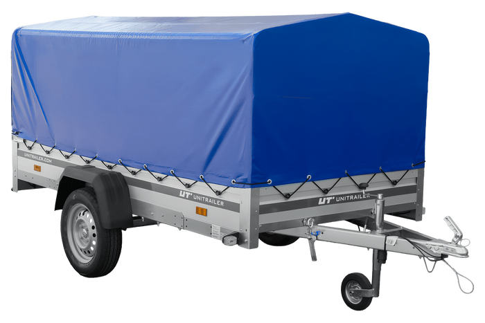 Einachsanhänger mit Aluminiumseitenwänden 264x125 Unitrailer Garden 264 KIPP ALU mit H-800 Rahmen und blauer Plane