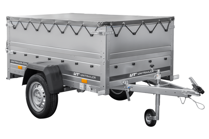 Autotransportanhänger 200x106 UNITRAILER GARDEN 200 KIPP mit BIS-Seitenwänden und grauer Plane