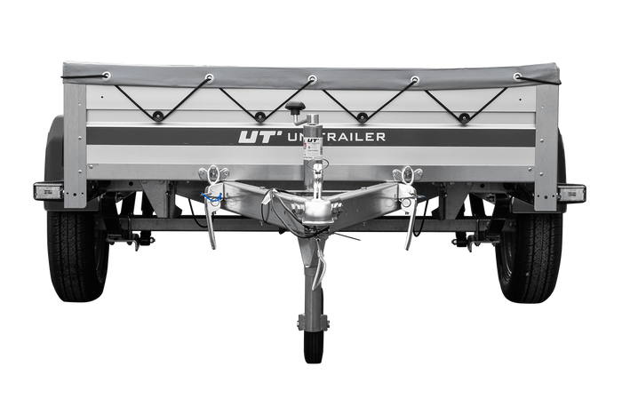 Einachsiger Anhänger auf Blattfedern mit Aluminiumseitenwänden 200x125 Unitrailer Garden 201/R KIPP ALU mit H-0-Rahmen und grauer Plane