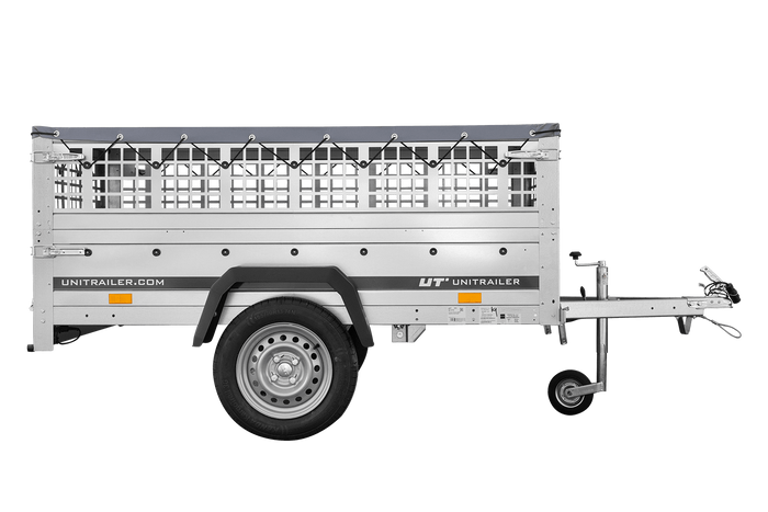 Einachsanhänger 200x106 UNITRAILER GARDEN 200 KIPP mit Seitenwänden aus Netzgewebe und grauer Plane