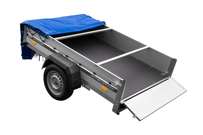 Einachsiger Anhänger auf Blattfedern mit Aluminiumseitenwänden 200x125 Unitrailer Garden 201/R KIPP ALU mit H-0-Rahmen und blauer Plane