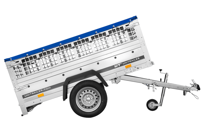 Einachsanhänger 200x106 UNITRAILER GARDEN 200 KIPP mit Maschenseitenwänden und blauer Plane