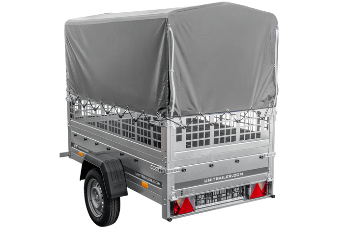 Autotransportanhänger 200x106 UNITRAILER GARDEN 200 KIPP mit Gitterwänden, H-800 Rahmen und grauer Plane