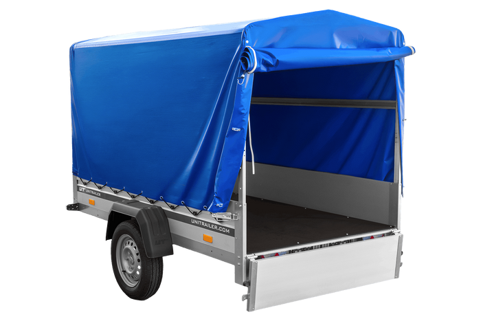 Autotransportanhänger mit Aluminiumwänden 230x125 Unitrailer Garden 230 KIPP ALU mit H1100-Rahmen und blauer Plane