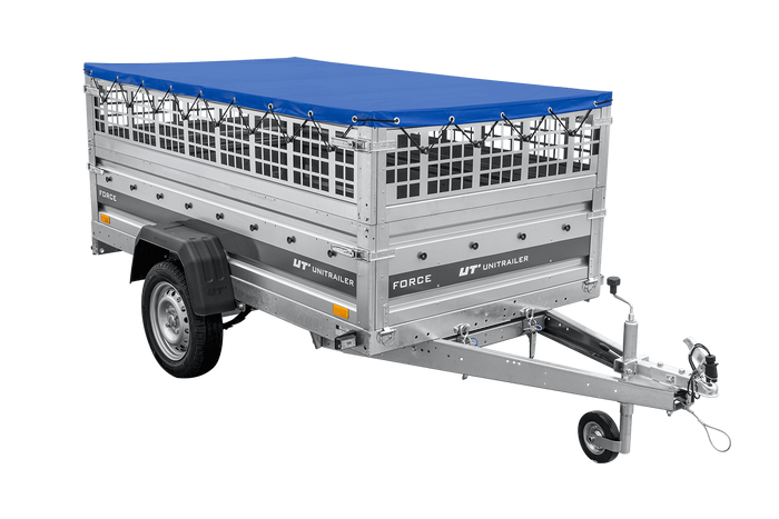 Leichter Anhänger auf Federn 230x125 UNITRAILER FORCE 230/R KIPP mit Gitterwänden, H-0-Rahmen und blauer Plane