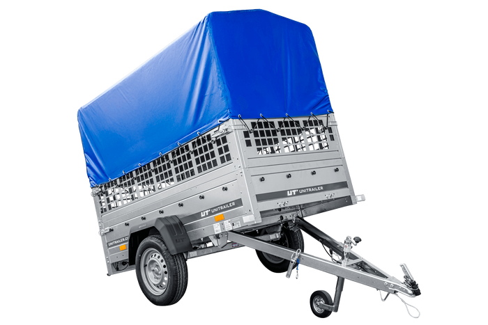 Leichter Anhänger 200x106 UNITRAILER GARDEN 200 KIPP mit Gitterwänden, H-800 Rahmen und blauer Plane