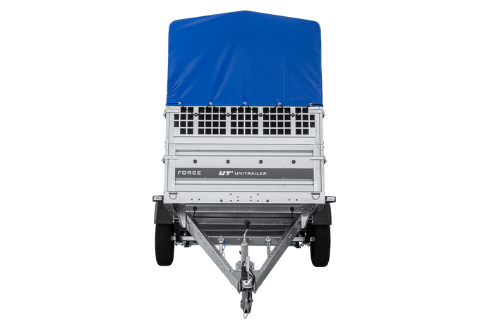 Autotransportanhänger auf Federn 230x125 UNITRAILER FORCE 230/R KIPP mit Gitterwänden, H-800 Rahmen und blauer Plane