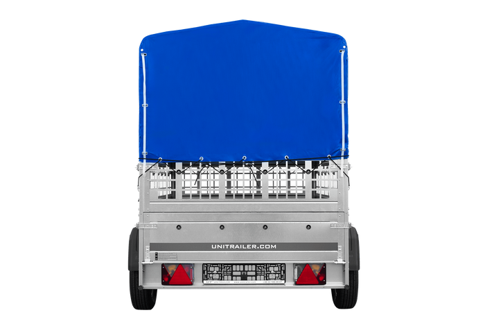 Einachsanhänger auf Federn 200x125 UNITRAILER GARDEN 201/R KIPP mit Gitterwänden, H-800-Rahmen und blauer Plane