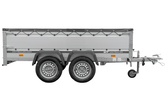 Zweiachsiger Anhänger mit Aluminiumseitenwänden 264x125 Unitrailer Garden 264/2 KIPP ALU mit BIS-Seitenwänden, H-0-Rahmen und grauer Plane