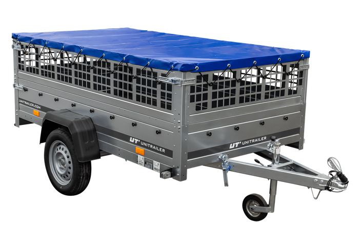 PKW-Anhänger 230x125 UNITRAILER GARDEN 230 KIPP mit Gitterwänden und blauer Abdeckung