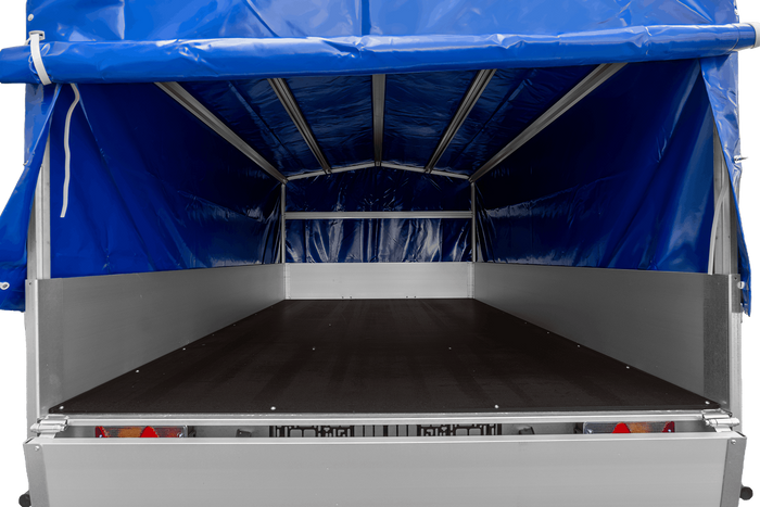 Einachsanhänger mit Aluminiumseitenwänden 264x150 Unitrailer Garden 265 KIPP ALU mit H-800 Rahmen und blauer Plane