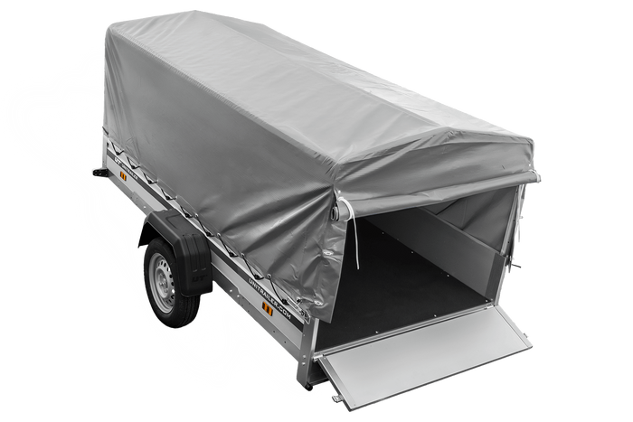 Einachsanhänger mit Aluminiumseitenwänden 264x125 Unitrailer Garden 264 KIPP ALU mit H-800 Rahmen und grauer Plane