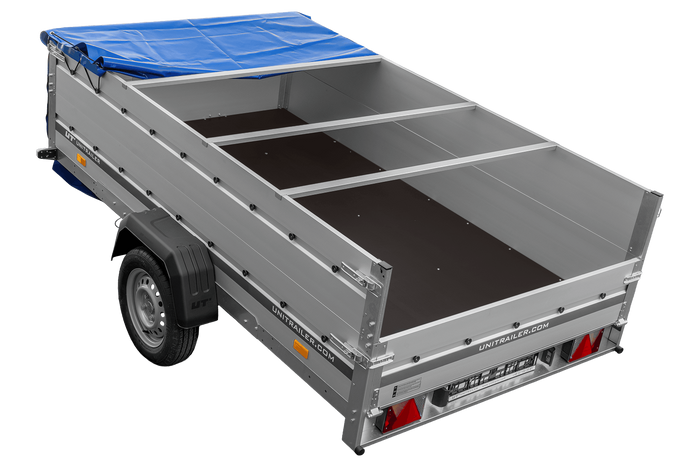 Einachsanhänger mit Aluminiumseitenwänden 264x150 Unitrailer Garden 265 KIPP ALU mit BIS-Seitenwänden, H-0-Rahmen und blauer Plane