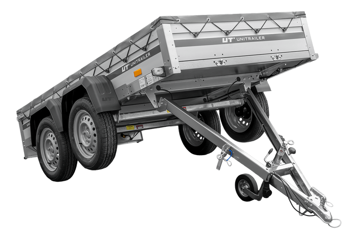 Zweiachsiger Anhänger mit Aluminiumseitenwänden 264x125 Unitrailer Garden 264/2 KIPP ALU mit H-0-Rahmen und grauer Plane