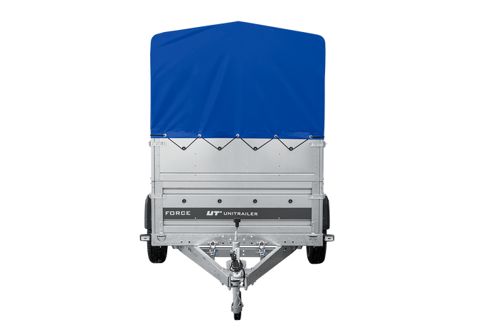 Autotransportanhänger 230x125 UNITRAILER FORCE 230 KIPP mit BIS-Seitenwänden, H-800-Rahmen und blauer Plane