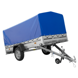 Einachsanhänger mit Aluminiumseitenwänden 264x125 Unitrailer Garden 264 KIPP ALU mit H-800 Rahmen und blauer Plane