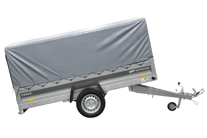 Einachsiger Federanhänger 264x125 UNITRAILER FORCE 264/R KIPP mit H-800 Rahmen und grauer Plane