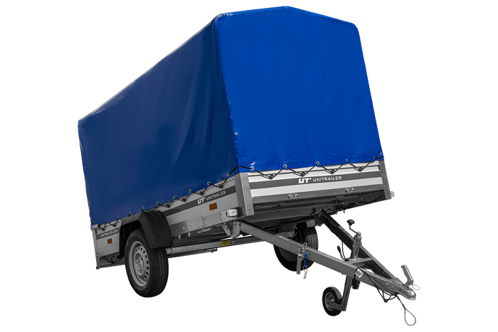 Autoanhänger mit Aluminiumseitenwänden 264x125 Unitrailer Garden 264 KIPP ALU mit H-1100 Rahmen und blauer Plane