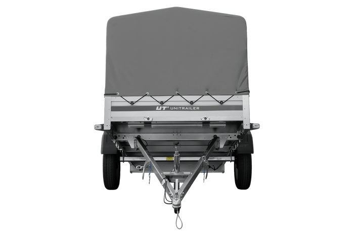 Einachsanhänger mit Aluminiumseitenwänden 264x125 Unitrailer Garden 264 KIPP ALU mit H-800 Rahmen und grauer Plane