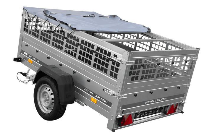 PKW-Anhänger auf Federn 200x125 UNITRAILER GARDEN 201/R KIPP mit Gitterwänden, H-0-Rahmen und grauer Plane