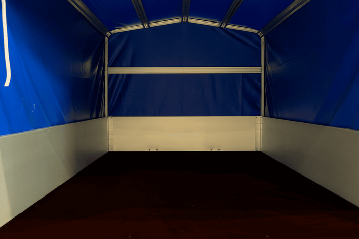 Einachsanhänger mit Aluminiumseitenwänden 230x125 Unitrailer Garden 230 KIPP ALU mit H-800 Rahmen und blauer Plane