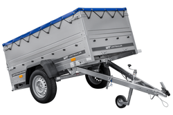 Autotransportanhänger 200x106 UNITRAILER GARDEN 200 KIPP mit BIS-Seitenwänden, H-0-Rahmen und blauer Plane