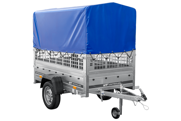 Leichter Anhänger 200x106 UNITRAILER GARDEN 200 KIPP mit Gitterwänden, H-800 Rahmen und blauer Plane