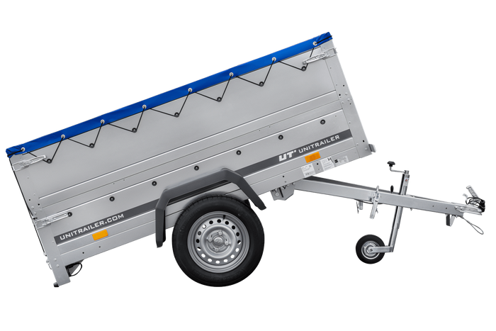 Gartenanhänger 200 Kipp mit Stützrad, zwei Seitenwänden, H-0-Rahmen und blauer Plane