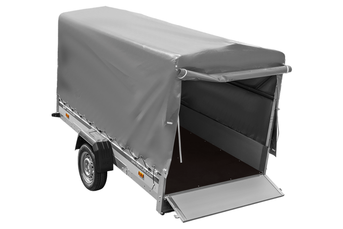 Autoanhänger mit Aluminiumseitenwänden 264x125 Unitrailer Garden 264 KIPP ALU mit H-1100 Rahmen und grauer Plane