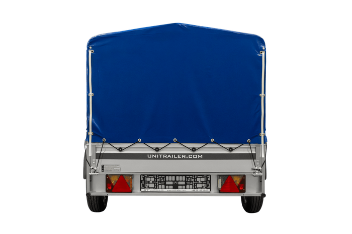 Einachsanhänger mit Aluminiumseitenwänden 230x125 Unitrailer Garden 230 KIPP ALU mit H-800 Rahmen und blauer Plane