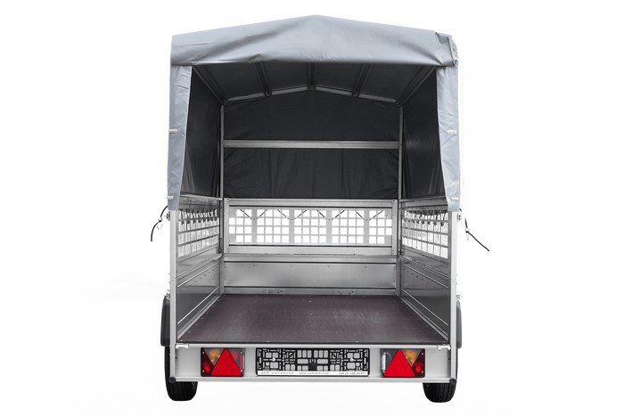 1-Achs-Anhänger GARDEN TRAILER 264 KIPP mit Laubgitteraufsatz, grauer Hochplane, Hochspriegel und Stützrad