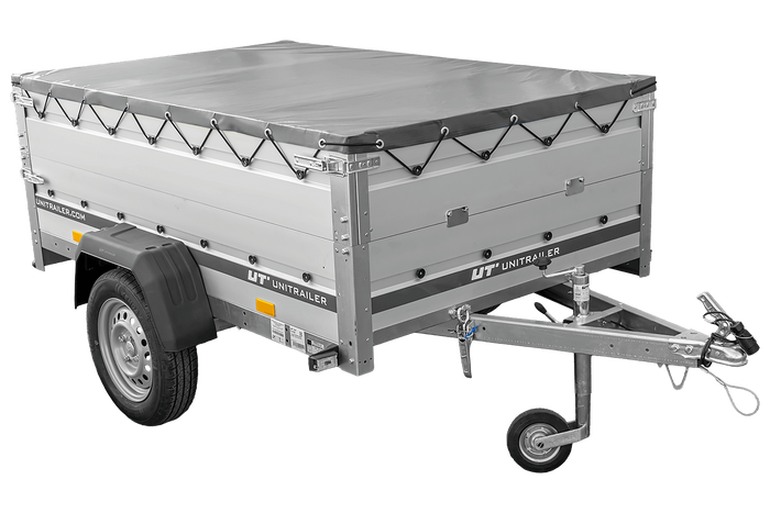 Autotransportanhänger mit Aluminiumwänden 200x125 Unitrailer Garden 201 KIPP ALU mit BIS-Seitenwänden, H-0-Rahmen und grauer Plane