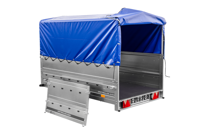 PKW-Anhänger 230x125 UNITRAILER GARDEN 230 KIPP mit Zusätzbordwänden und blauer Hochplane