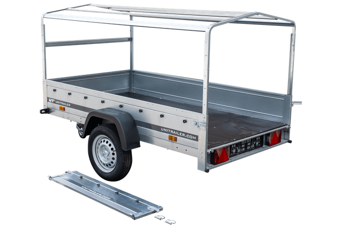 PKW-Anhänger 230x125 UNITRAILER GARDEN 230 KIPP mit Spriegel 80 cm und grauer Hochplane