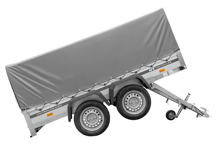 Zweiachsiger Anhänger mit Aluminiumseitenwänden 264x125 Unitrailer Garden 264/2 KIPP ALU mit H-800 Rahmen und grauer Plane