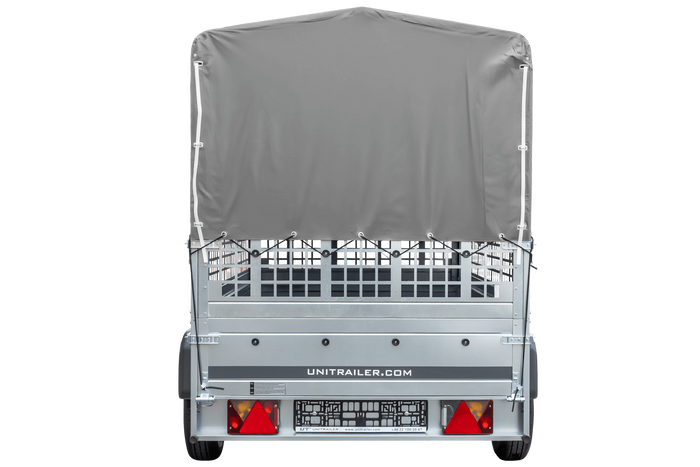PKW-Anhänger 230x125 UNITRAILER GARDEN 230 KIPP mit Gitterwänden und grauer Hochplane