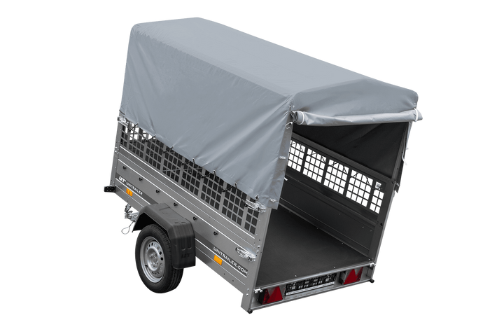 PKW-Anhänger 200x125 UNITRAILER GARDEN 201 KIPP mit Gitteraufsatz und grauer Hochplane