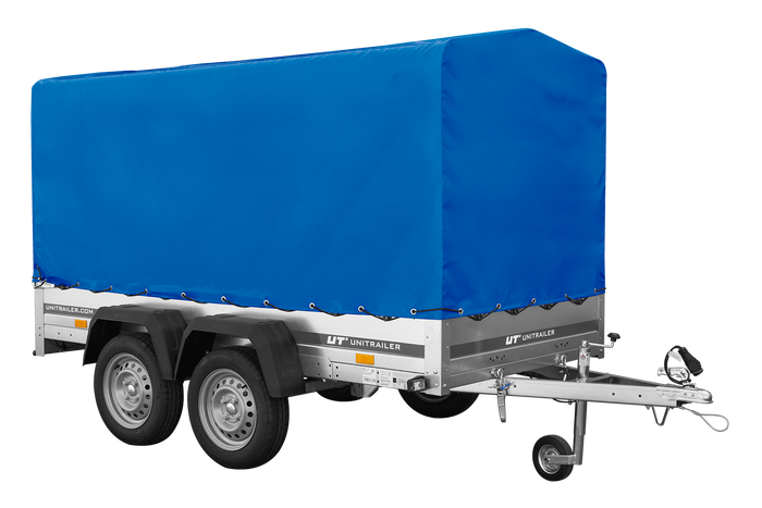 Przyczepka dwuosiowa 264x125 UNITRAILER GARDEN 264/2 KIPP ze stelażem H-1100 i plandeką niebieską