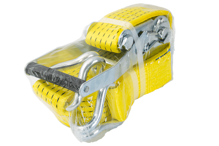 Satz aus vier gelben UNITRAILER 8m/50mm/5t Transportgurten mit Spannvorrichtung
