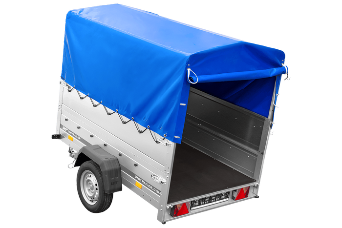 PKW-Anhänger 200x125 UNITRAILER GARDEN 201 KIPP mit Bordwandaufsatz und blauer Hochplane