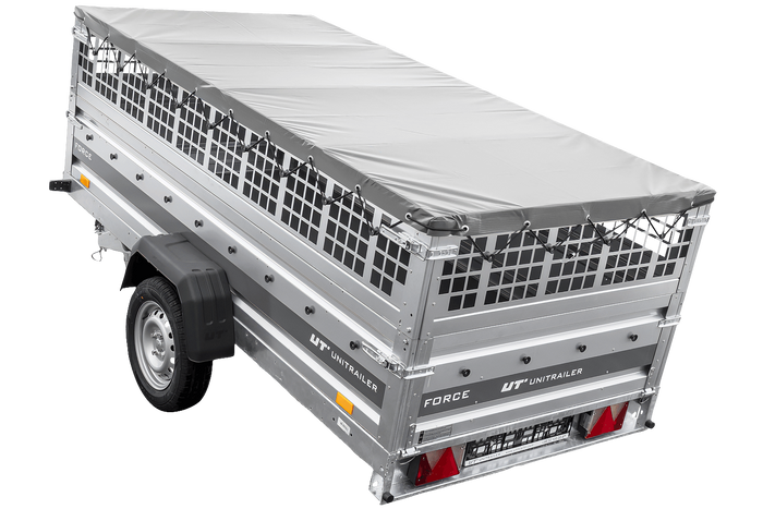 Einachsanhänger 264x125 UNITRAILER FORCE 264 KIPP mit Gitterwänden, H-0-Rahmen und grauer Plane