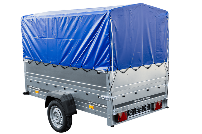 PKW-Anhänger 230x125 UNITRAILER GARDEN 230 KIPP mit Zusätzbordwänden und blauer Hochplane