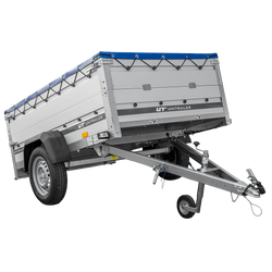 PKW-Anhänger mit Alubordwänden 200x125 Unitrailer Garden 201 KIPP ALU mit BIS-Seitenwänden, H-0-Rahmen und blauer Plane