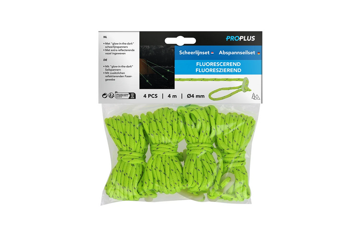 Set mit vier ProPlus Abspannleinen 361802, fluoreszierende Leinen für ein 4-Meter-Zelt