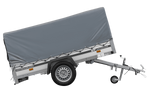 Einachsiger Anhänger auf Blattfedern mit Aluminiumseitenwänden 230x125 Unitrailer Garden 230/R KIPP ALU mit H-800 Rahmen und grauer Plane